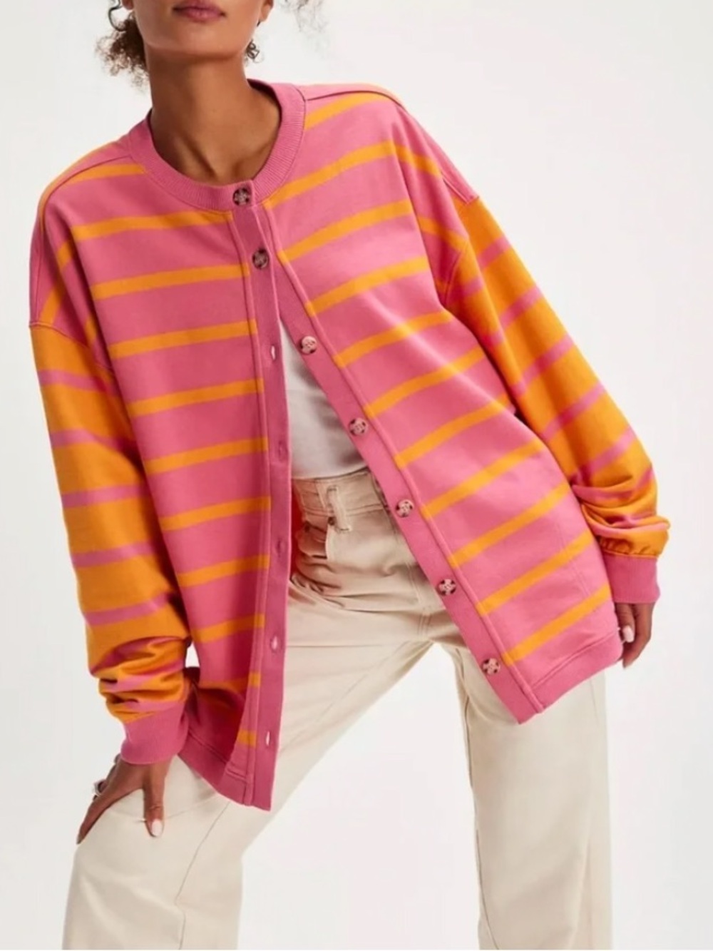 Women's Free People Classic Orange Pink Striped Cardigan Oversized Size XS